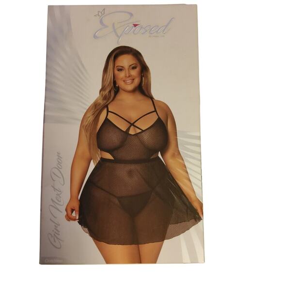 PLUS SIZE LINGERIE 1X 2X 3X BABYDOLL & CROTCHLESS PANTY SET Black - Picture 4 of 4